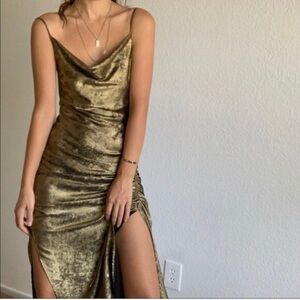 Zara Gold Velvet Cowl Slip Dress with High Slit